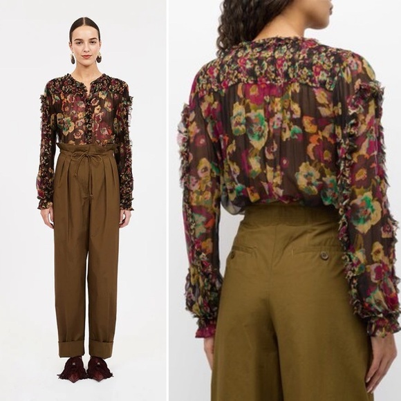 NWOT Ulla Johnson Andi Ruffled Floral Crinkle Silk Chiffon Blouse Size 2 - Picture 3 of 9